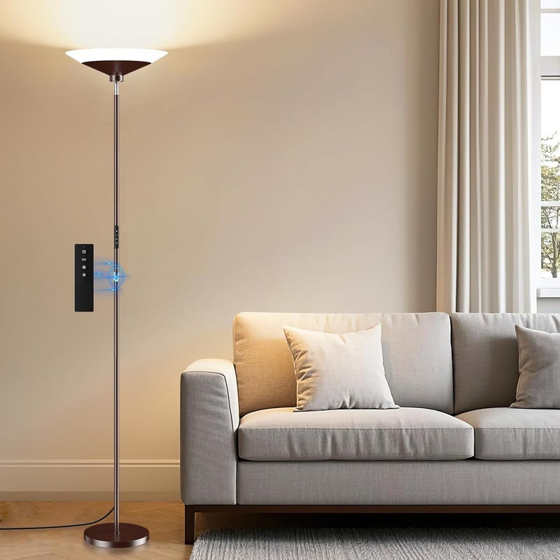 SIBRILLE Brown Torchiere Floor Lamp - 30W Dimmable LED Standing Lamp with Remote, 4 Color Temps, Stepless Dimming, 3000-6500K, 1800LM, 72in Tall Floor Light for Office Bedroom Living Room Corner - Image 1